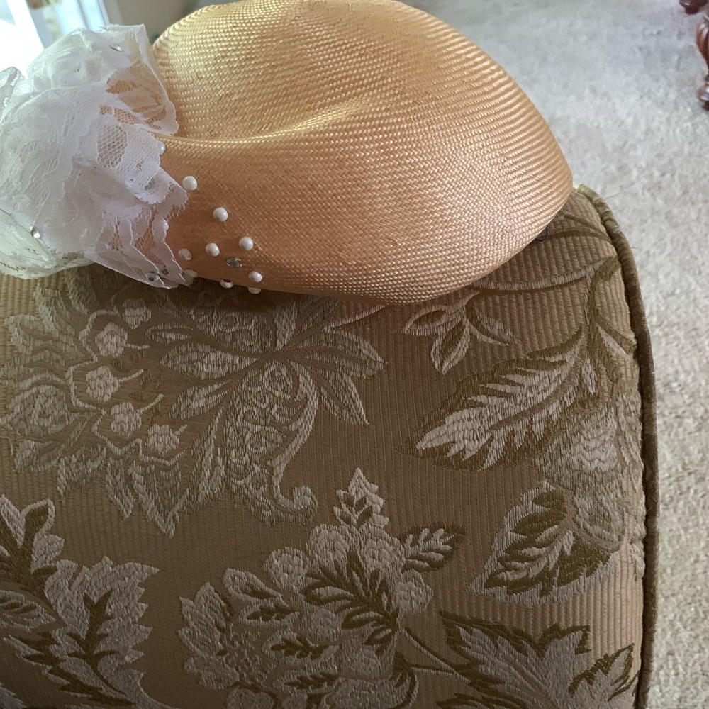 Elegant Tan Hat with Lace and Pearl Accents
